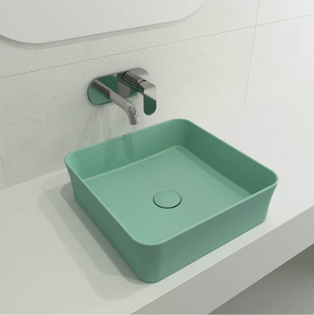 BOCCHI - Sottile Square Vessel Fireclay 15.25 in. with Matching Drain Cover in Matte Mint Green - Matte Mint Green