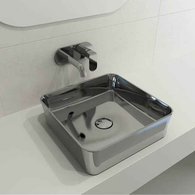BOCCHI - Sottile Square Vessel Fireclay 15.25 in. with Matching Drain Cover in Platinum - Platinum