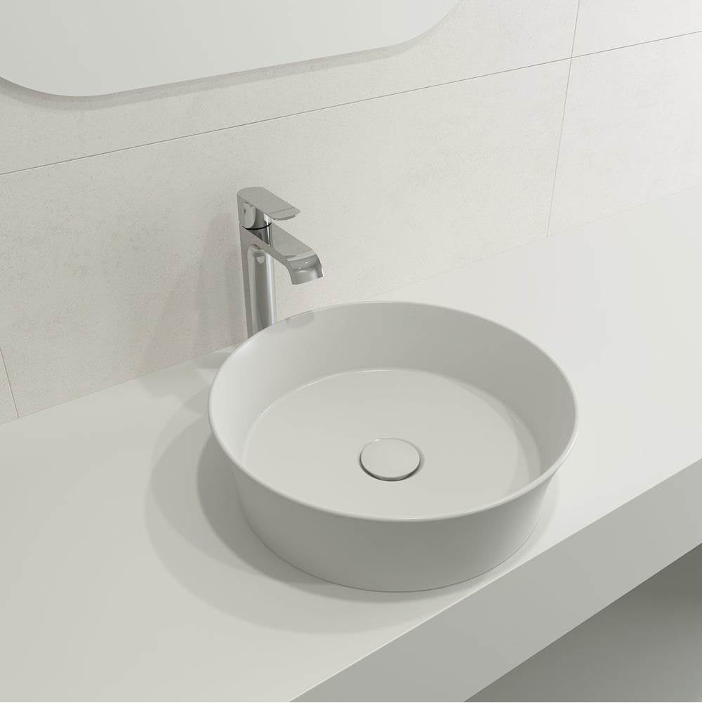 BOCCHI - Sottile Round Vessel Fireclay 15 in. with Matching Drain Cover in Matte White - Matte White
