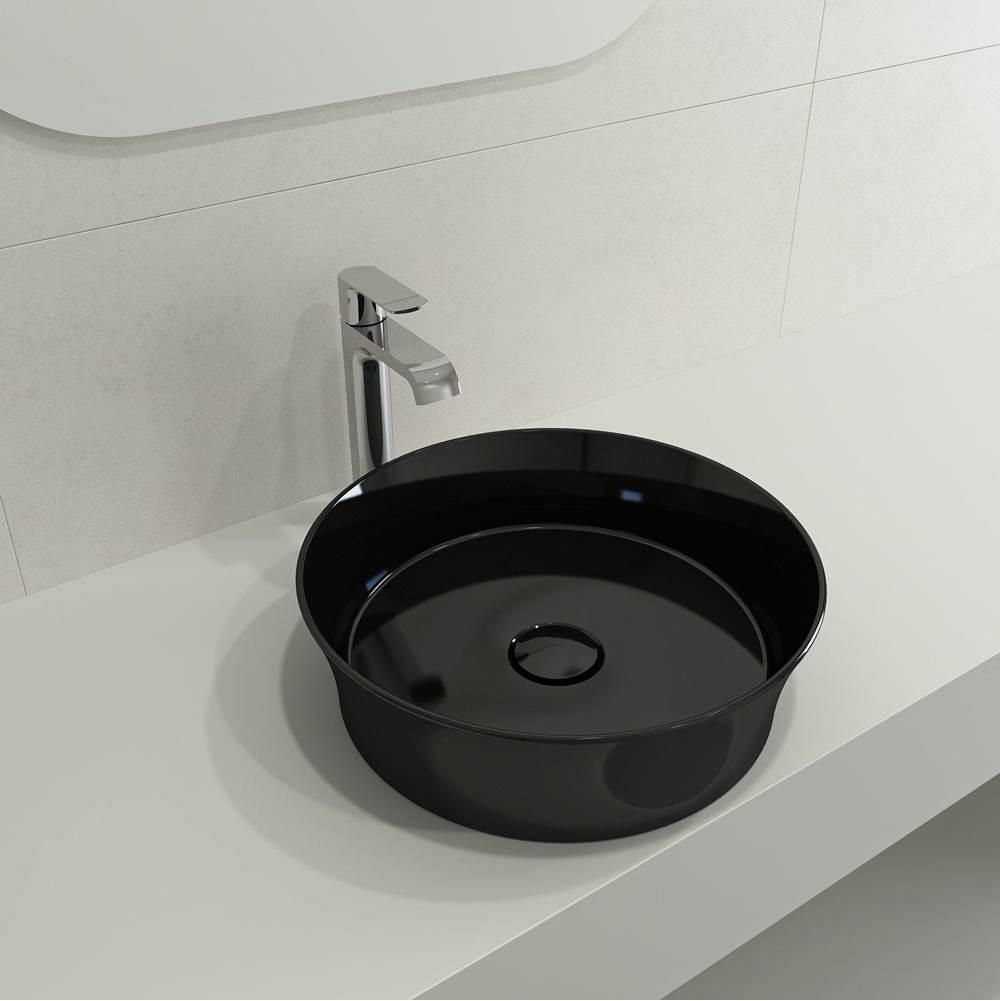 BOCCHI - Sottile Round Vessel Fireclay 15 in. with Matching Drain Cover in Black - Black