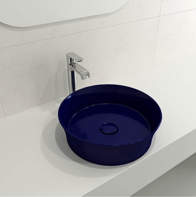 BOCCHI - Sottile Round Vessel Fireclay 15 in. with Matching Drain Cover in Sapphire Blue - Sapphire Blue