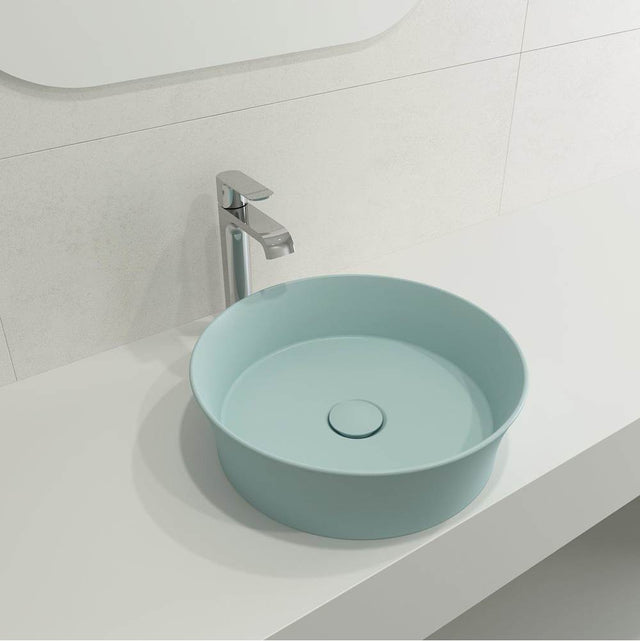 BOCCHI - Sottile Round Vessel Fireclay 15 in. with Matching Drain Cover in Matte Ice Blue - Matte Ice Blue