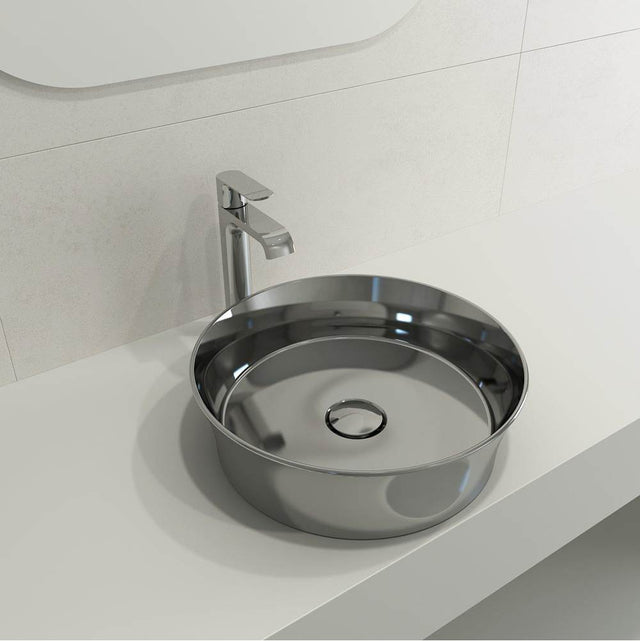 BOCCHI - Sottile Round Vessel Fireclay 15 in. with Matching Drain Cover in Platinum - Platinum