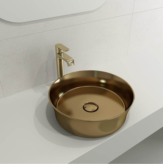 BOCCHI - Sottile Round Vessel Fireclay 15 in. with Matching Drain Cover in Matte Gold - Matte Gold