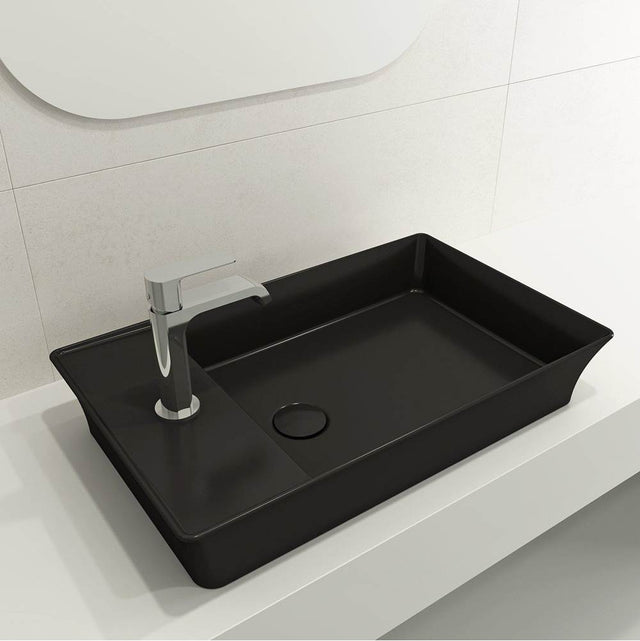 BOCCHI - Sottile Rectangle Vessel Fireclay 23.5 in. 1-Hole Faucet Deck with Matching Drain Cover in Matte Black - Matte Black