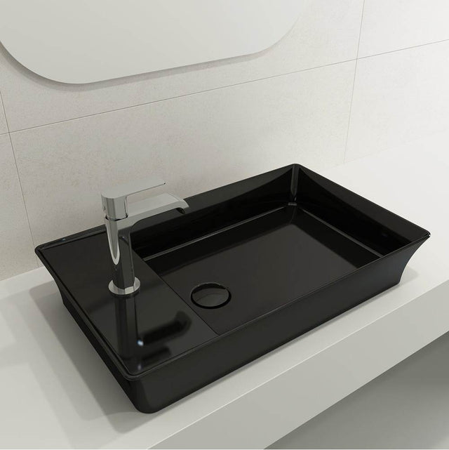 BOCCHI - Sottile Rectangle Vessel Fireclay 23.5 in. 1-Hole Faucet Deck with Matching Drain Cover in Black - Black