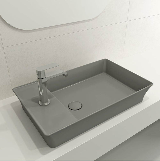 BOCCHI - Sottile Rectangle Vessel Fireclay 23.5 in. 1-Hole Faucet Deck with Matching Drain Cover in Matte Gray - Matte Gray