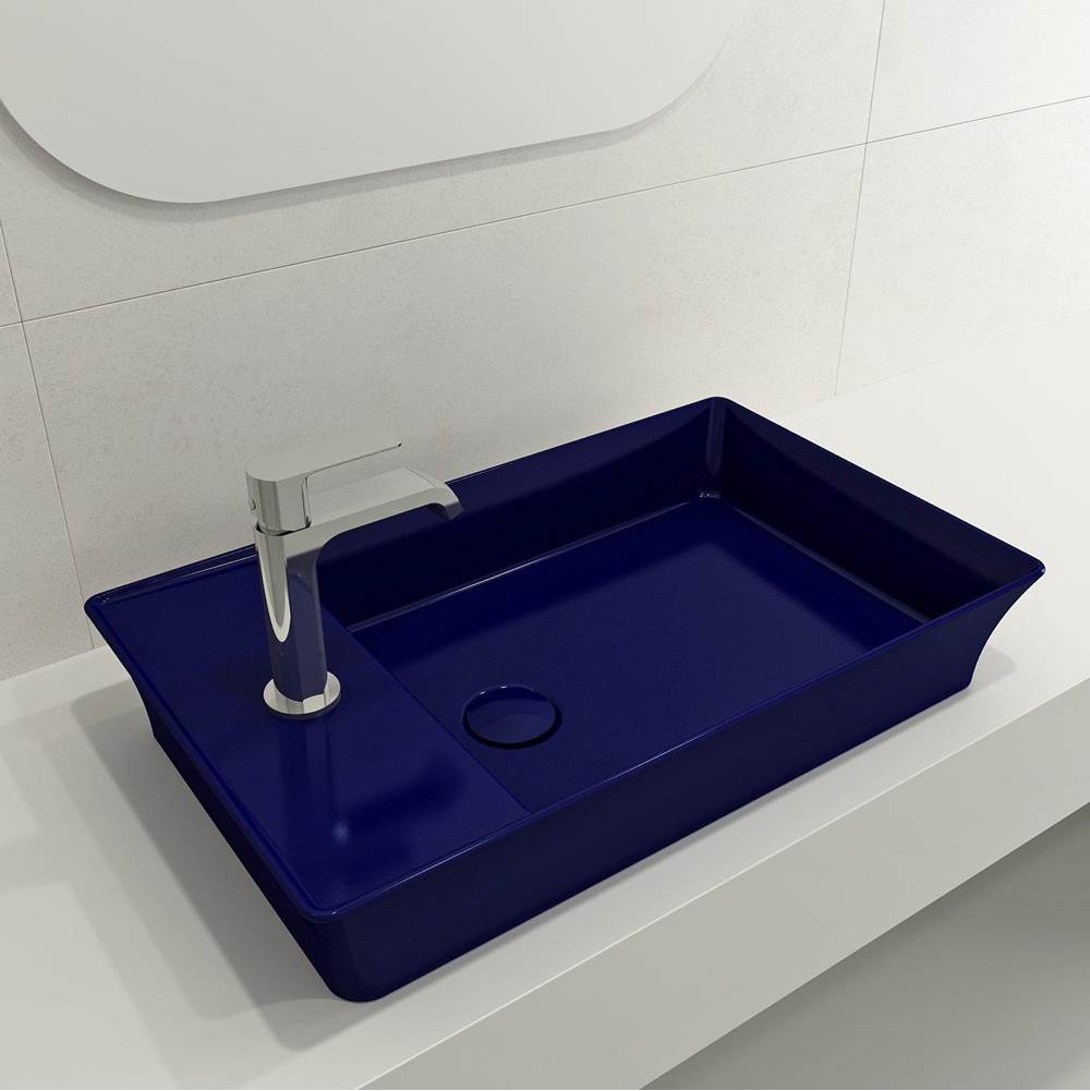 BOCCHI - Sottile Rectangle Vessel Fireclay 23.5 in. 1-Hole Faucet Deck with Matching Drain Cover in Sapphire Blue - Sapphire Blue
