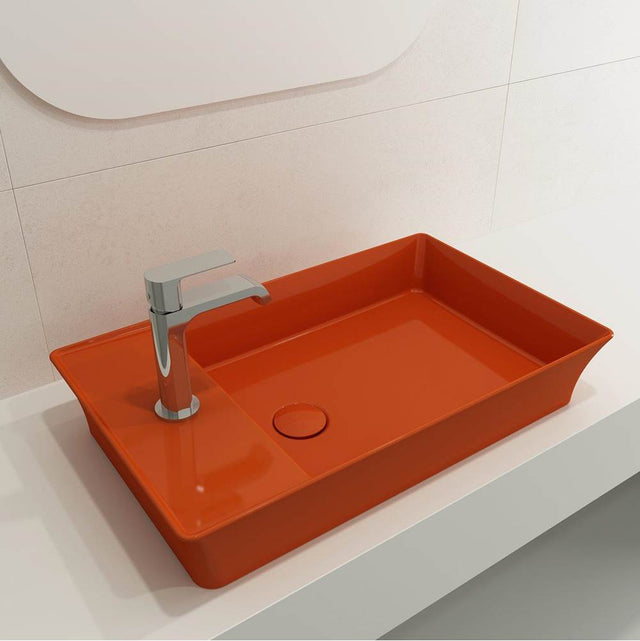 BOCCHI - Sottile Rectangle Vessel Fireclay 23.5 in. 1-Hole Faucet Deck with Matching Drain Cover in Orange - Orange