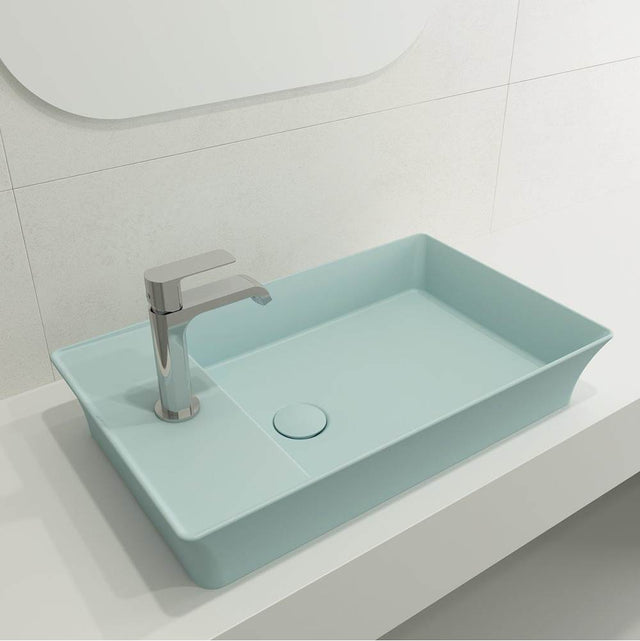 BOCCHI - Sottile Rectangle Vessel Fireclay 23.5 in. 1-Hole Faucet Deck with Matching Drain Cover in Matte Ice Blue - Matte Ice Blue