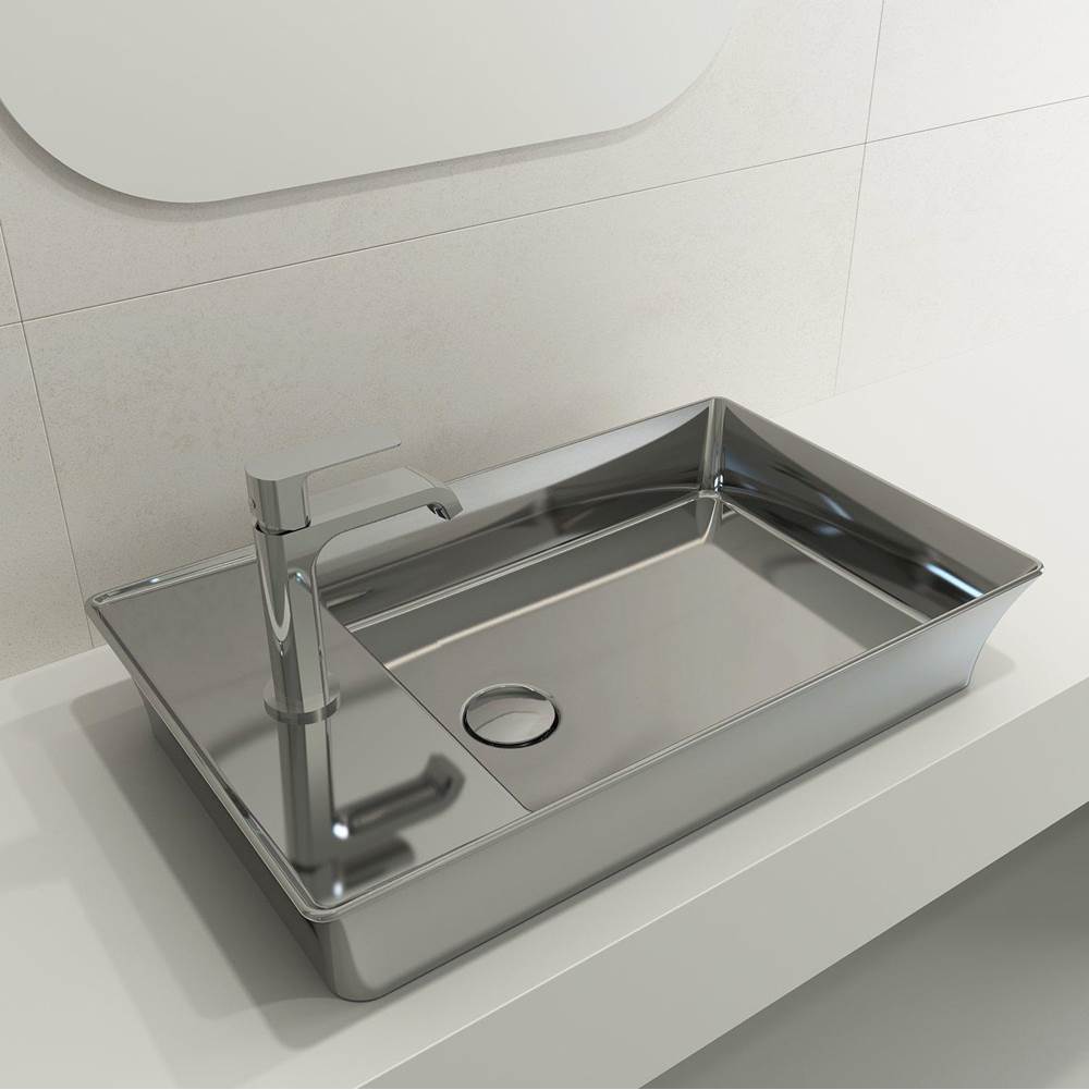 BOCCHI - Sottile Rectangle Vessel Fireclay 23.5 in. 1-Hole Faucet Deck with Matching Drain Cover in Platinum - Platinum