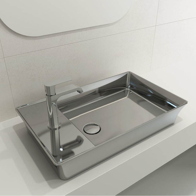 BOCCHI - Sottile Rectangle Vessel Fireclay 23.5 in. 1-Hole Faucet Deck with Matching Drain Cover in Platinum - Platinum