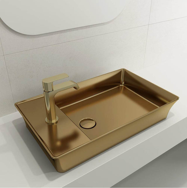 BOCCHI - Sottile Rectangle Vessel Fireclay 23.5 in. 1-Hole Faucet Deck with Matching Drain Cover in Matte Gold - Matte Gold