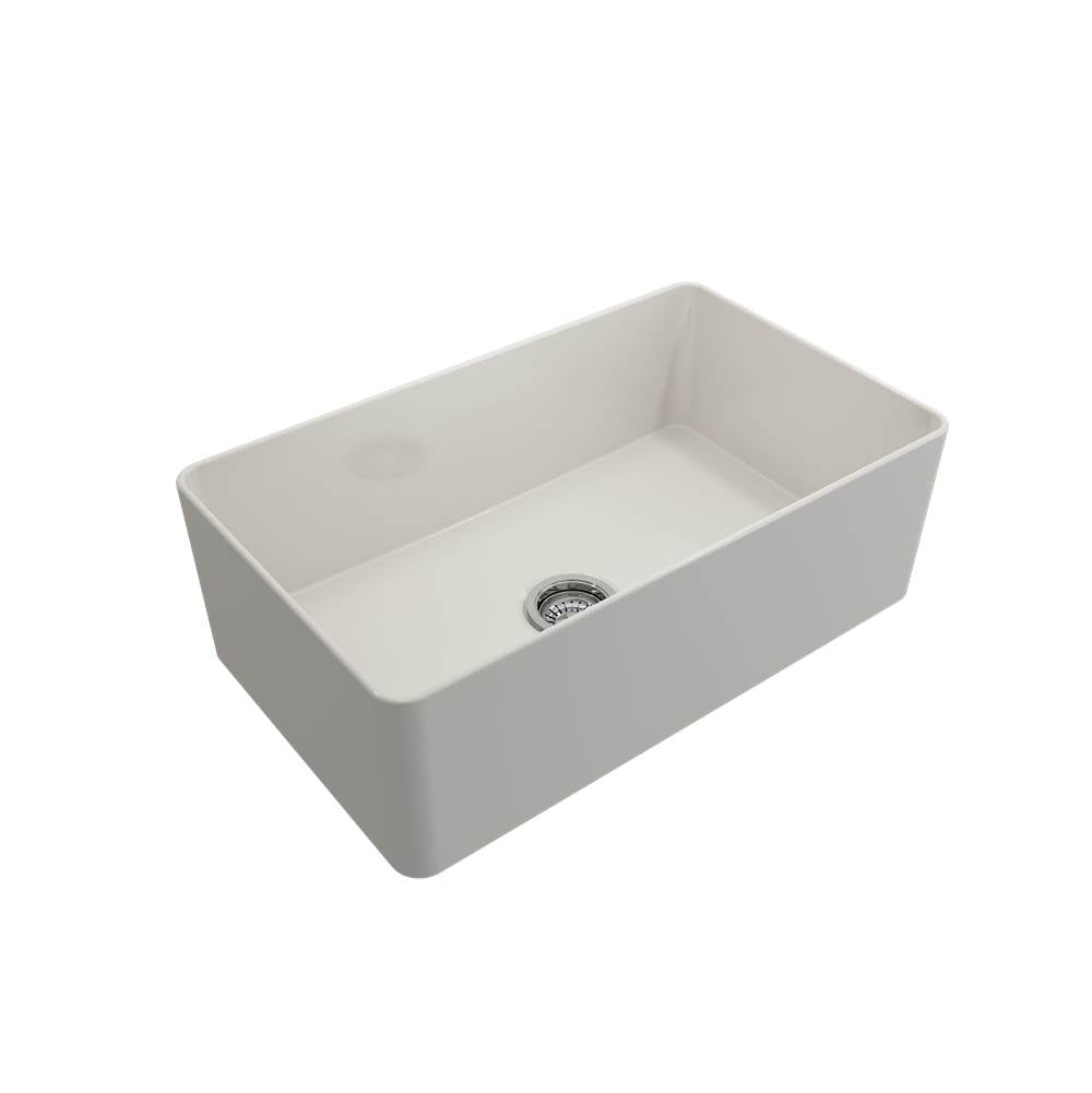 BOCCHI - Aderci Ultra-Slim Farmhouse Apron Front Fireclay 30 in. Single Bowl Kitchen Sink with Protective Bottom Grid and Strainer in Biscuit - Biscuit