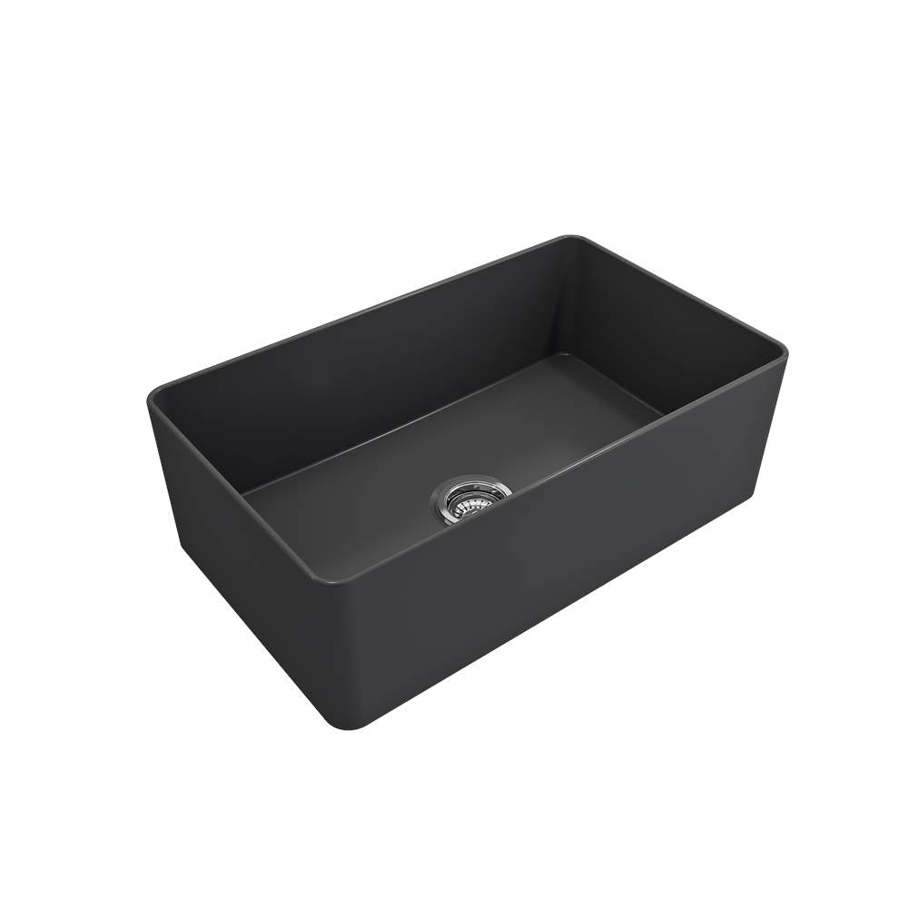 BOCCHI - Aderci Ultra-Slim Farmhouse Apron Front Fireclay 30 in. Single Bowl Kitchen Sink with Protective Bottom Grid and Strainer in Matte Dark Gray - Matte Dark Gray