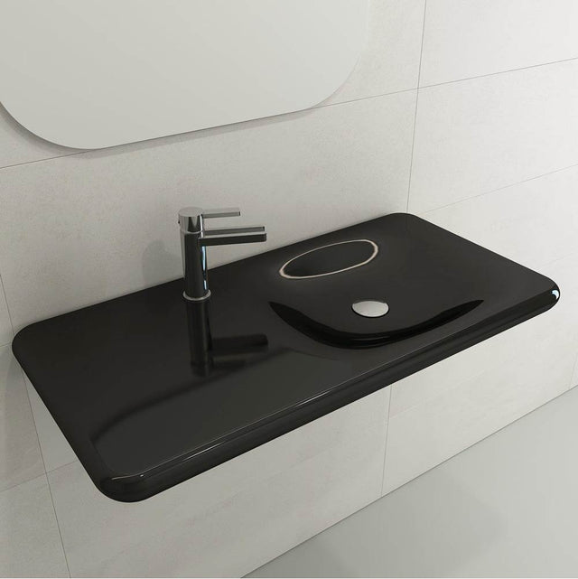 BOCCHI - Fenice Wall-Mounted Sink Fireclay 35.5 in. 1-Hole in Black - Black
