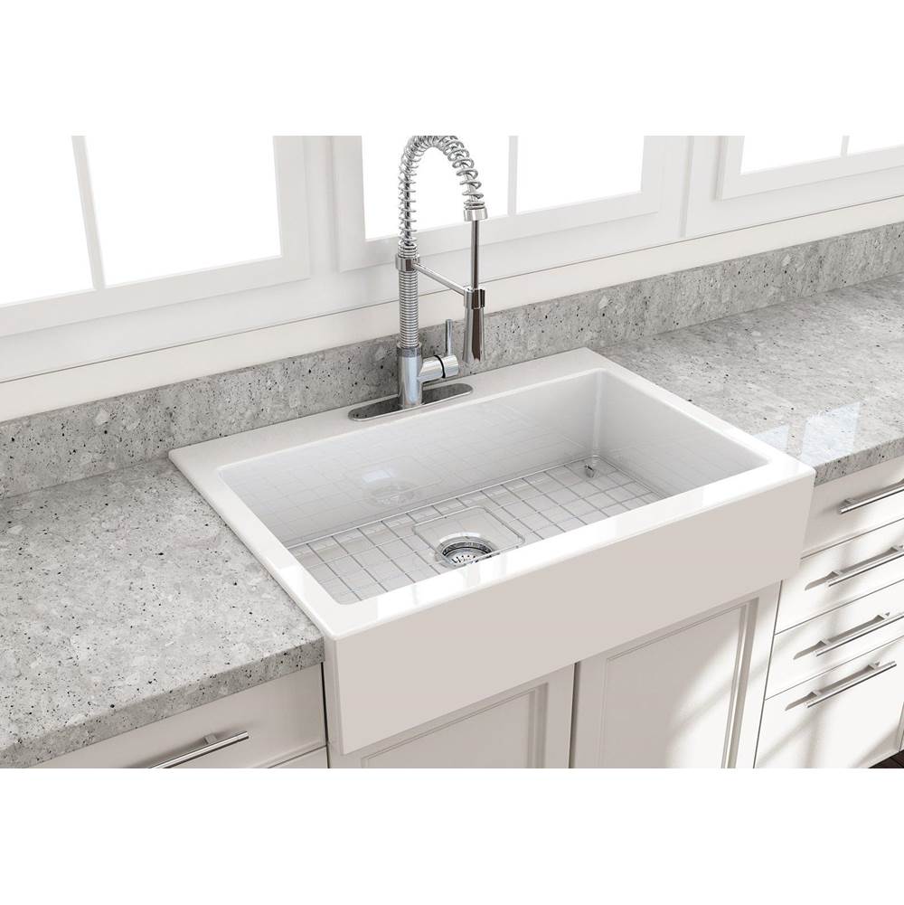 BOCCHI - Nuova Apron Front Drop-In Fireclay 34 in. Single Bowl Kitchen Sink with Protective Bottom Grid and Strainer in White - White