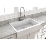 BOCCHI - Nuova Apron Front Drop-In Fireclay 34 in. Single Bowl Kitchen Sink with Protective Bottom Grid and Strainer in Matte White - Matte White