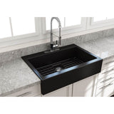 BOCCHI - Nuova Apron Front Drop-In Fireclay 34 in. Single Bowl Kitchen Sink with Protective Bottom Grid and Strainer in Matte Black - Matte Black