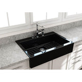 BOCCHI - Nuova Apron Front Drop-In Fireclay 34 in. Single Bowl Kitchen Sink with Protective Bottom Grid and Strainer in Black - Black