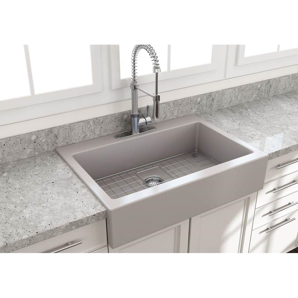 BOCCHI - Nuova Apron Front Drop-In Fireclay 34 in. Single Bowl Kitchen Sink with Protective Bottom Grid and Strainer in Matte Gray - Matte Gray