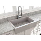 BOCCHI - Nuova Apron Front Drop-In Fireclay 34 in. Single Bowl Kitchen Sink with Protective Bottom Grid and Strainer in Matte Gray - Matte Gray