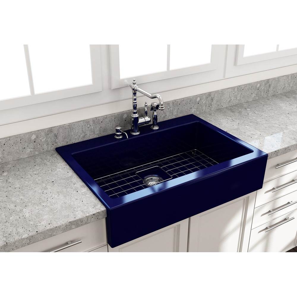 BOCCHI - Nuova Apron Front Drop-In Fireclay 34 in. Single Bowl Kitchen Sink with Protective Bottom Grid and Strainer in Sapphire Blue - Sapphire Blue