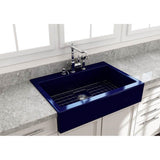 BOCCHI - Nuova Apron Front Drop-In Fireclay 34 in. Single Bowl Kitchen Sink with Protective Bottom Grid and Strainer in Sapphire Blue - Sapphire Blue