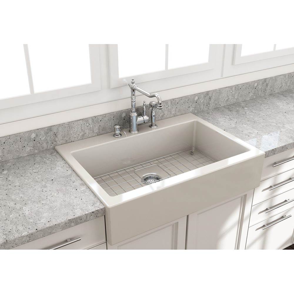 BOCCHI - Nuova Apron Front Drop-In Fireclay 34 in. Single Bowl Kitchen Sink with Protective Bottom Grid and Strainer in Biscuit - Biscuit