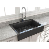 BOCCHI - Nuova Apron Front Drop-In Fireclay 34 in. Single Bowl Kitchen Sink with Protective Bottom Grid and Strainer in Matte Dark Gray - Matte Dark Gray