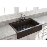 BOCCHI - Nuova Apron Front Drop-In Fireclay 34 in. Single Bowl Kitchen Sink with Protective Bottom Grid and Strainer in Matte Brown - Matte Brown