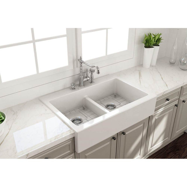 BOCCHI - Nuova Apron Front Drop-In Fireclay 34 in. 50/50 Double Bowl Kitchen Sink with Protective Bottom Grids and Strainers in White - White