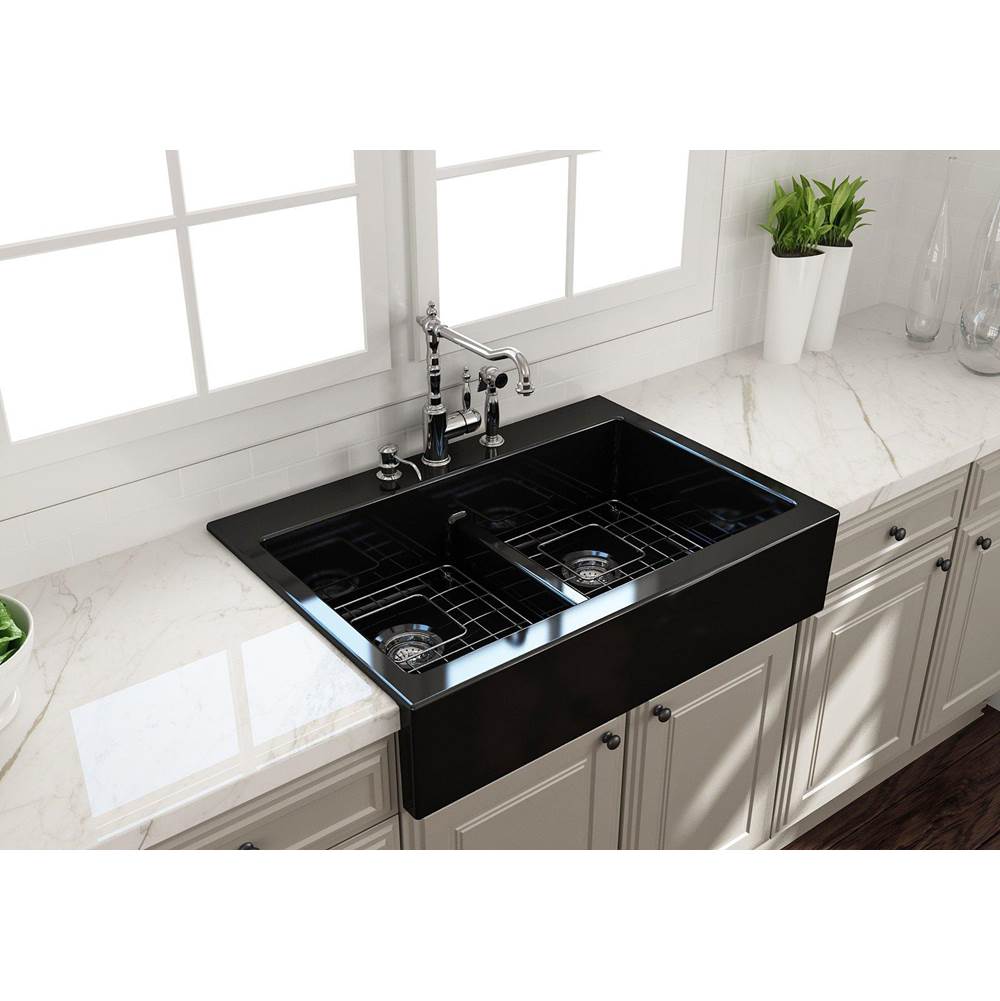 BOCCHI - Nuova Apron Front Drop-In Fireclay 34 in. 50/50 Double Bowl Kitchen Sink with Protective Bottom Grids and Strainers in Black - Black