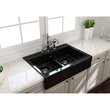BOCCHI - Nuova Apron Front Drop-In Fireclay 34 in. 50/50 Double Bowl Kitchen Sink with Protective Bottom Grids and Strainers in Black - Black