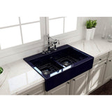 BOCCHI - Nuova Apron Front Drop-In Fireclay 34 in. 50/50 Double Bowl Kitchen Sink with Protective Bottom Grids and Strainers in Sapphire Blue - Sapphire Blue