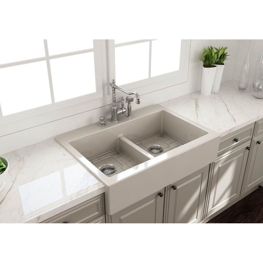 BOCCHI - Nuova Apron Front Drop-In Fireclay 34 in. 50/50 Double Bowl Kitchen Sink with Protective Bottom Grids and Strainers in Biscuit - Biscuit