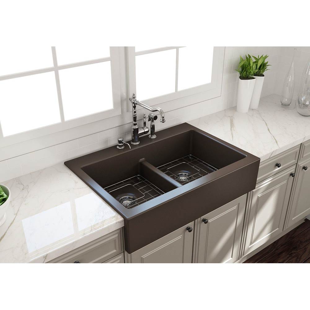 BOCCHI - Nuova Apron Front Drop-In Fireclay 34 in. 50/50 Double Bowl Kitchen Sink with Protective Bottom Grids and Strainers in Matte Brown - Matte Brown