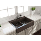 BOCCHI - Nuova Apron Front Drop-In Fireclay 34 in. 50/50 Double Bowl Kitchen Sink with Protective Bottom Grids and Strainers in Matte Brown - Matte Brown