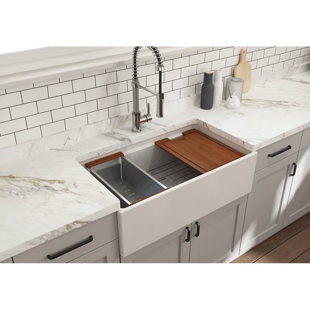 Contempo Step-Rim Apron Front Fireclay 33 in. Single Bowl Kitchen Sink with Integrated Work Station & Accessories in White