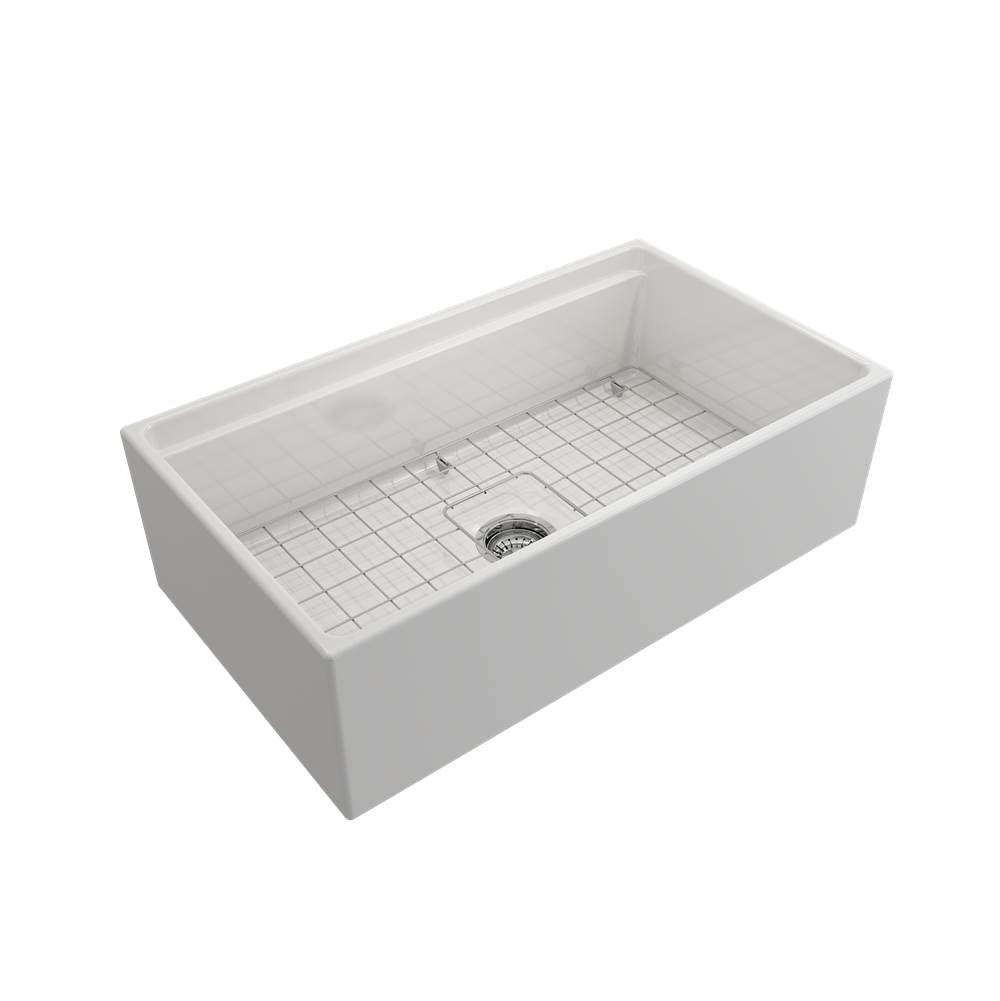 Contempo Step-Rim Apron Front Fireclay 33 in. Single Bowl Kitchen Sink with Integrated Work Station & Accessories in White