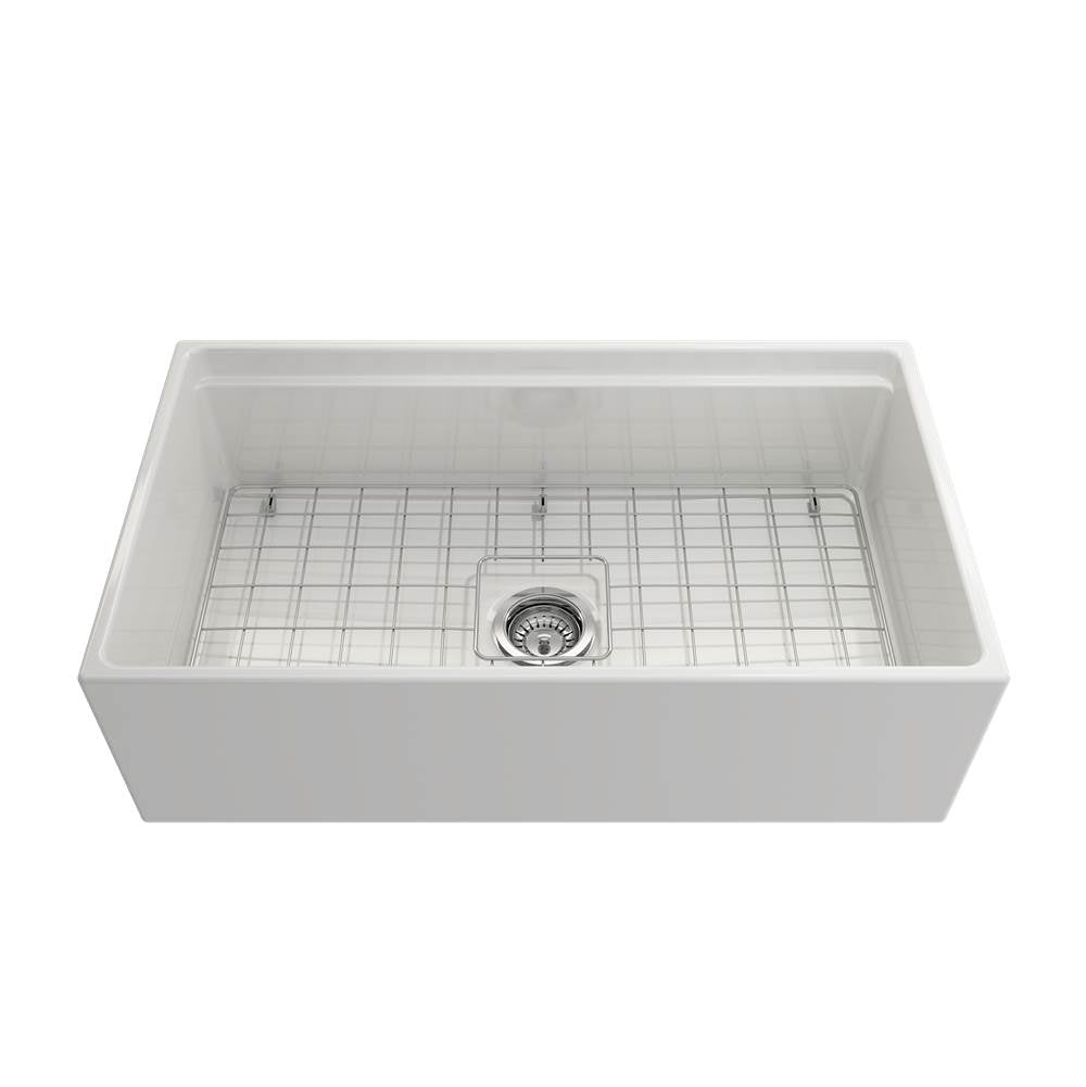 Contempo Step-Rim Apron Front Fireclay 33 in. Single Bowl Kitchen Sink with Integrated Work Station & Accessories in White
