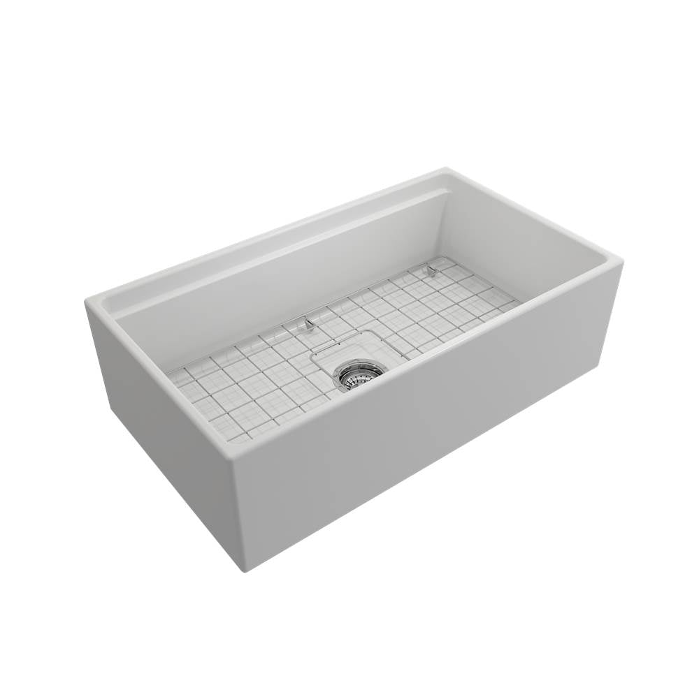 Contempo Step-Rim Apron Front Fireclay 33 in. Single Bowl Kitchen Sink with Integrated Work Station & Accessories in White