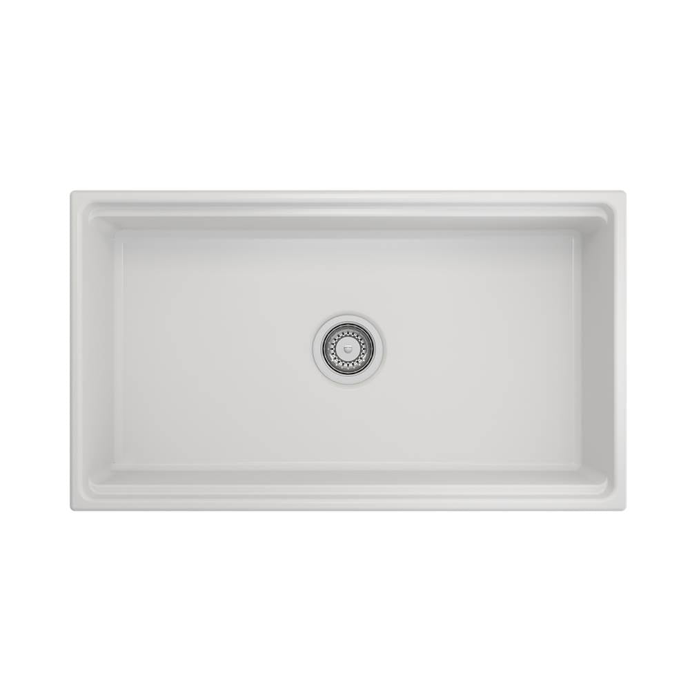 Contempo Step-Rim Apron Front Fireclay 33 in. Single Bowl Kitchen Sink with Integrated Work Station & Accessories in White