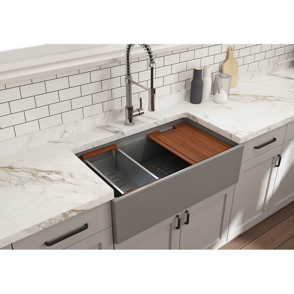 Contempo Step-Rim Apron Front Fireclay 33 in. Single Bowl Kitchen Sink with Integrated Work Station & Accessories in White