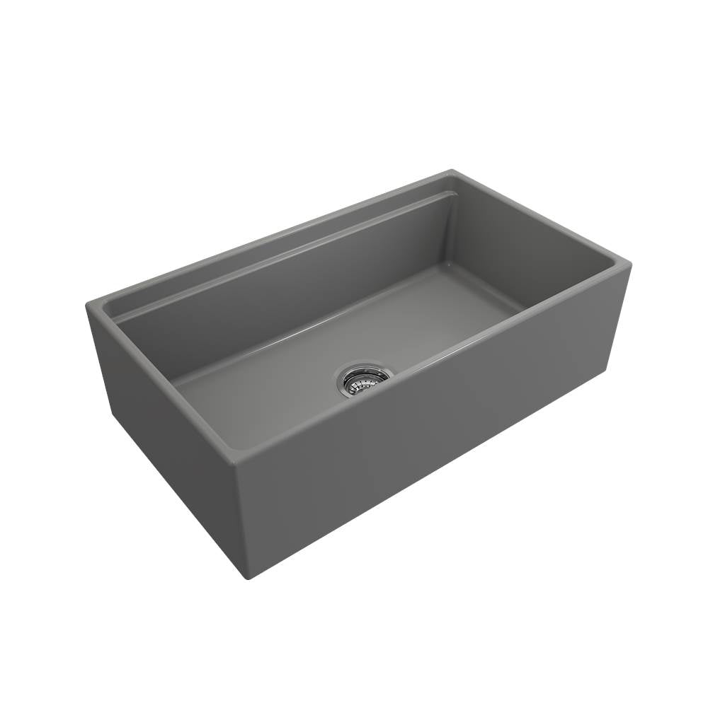 BOCCHI - Contempo Step-Rim Apron Front Fireclay 33 in. Single Bowl Kitchen Sink with Integrated Work Station & Accessories in Matte Gray - Matte Gray