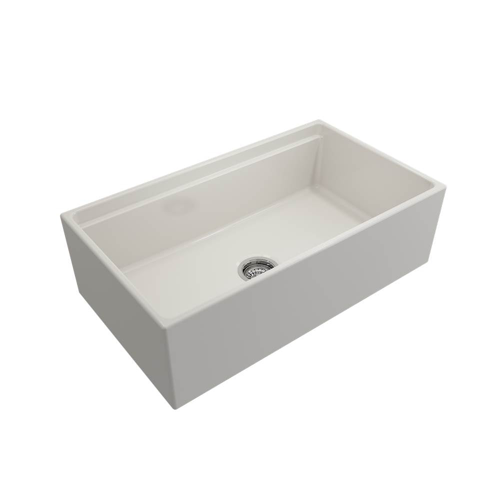 BOCCHI - Contempo Step-Rim Apron Front Fireclay 33 in. Single Bowl Kitchen Sink with Integrated Work Station & Accessories in Biscuit - Biscuit