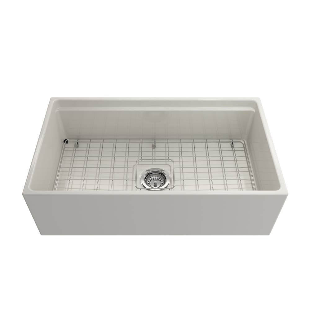 Contempo Step-Rim Apron Front Fireclay 33 in. Single Bowl Kitchen Sink with Integrated Work Station & Accessories in White