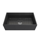 Contempo Step-Rim Apron Front Fireclay 33 in. Single Bowl Kitchen Sink with Integrated Work Station & Accessories in White