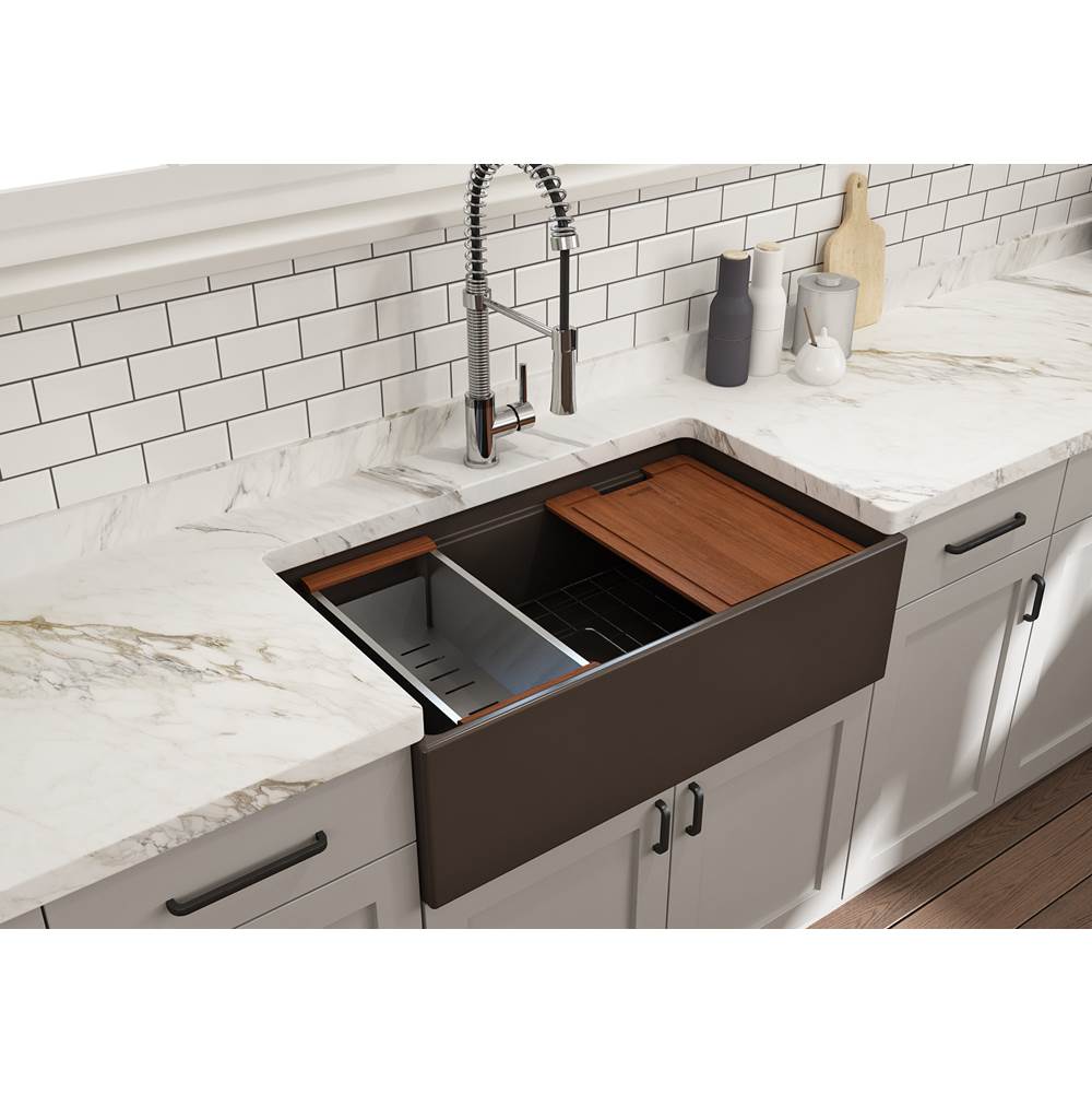 Contempo Step-Rim Apron Front Fireclay 33 in. Single Bowl Kitchen Sink with Integrated Work Station & Accessories in White