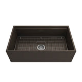 Contempo Step-Rim Apron Front Fireclay 33 in. Single Bowl Kitchen Sink with Integrated Work Station & Accessories in White